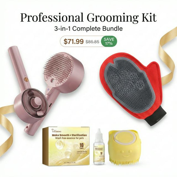 Professional Pet Grooming Kit (Steam Brush + Red Glove + Grooming Serum)